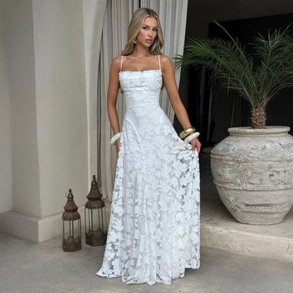Women's Lace A-Line Evening Gown | Backless Spaghetti Strap Formal Maxi Dress