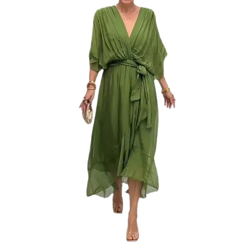 Women's Bat Sleeve V-Neck Chiffon Maxi Dress | High Waist Irregular Hem