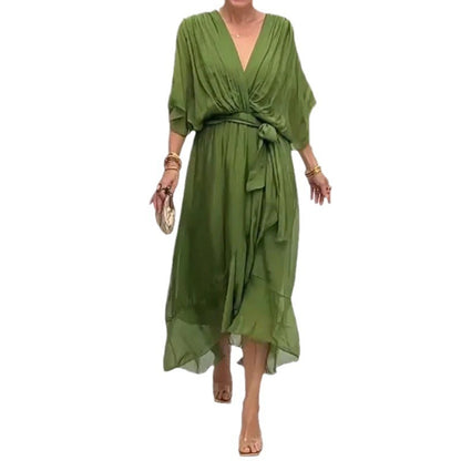Women's Bat Sleeve V-Neck Chiffon Maxi Dress | High Waist Irregular Hem