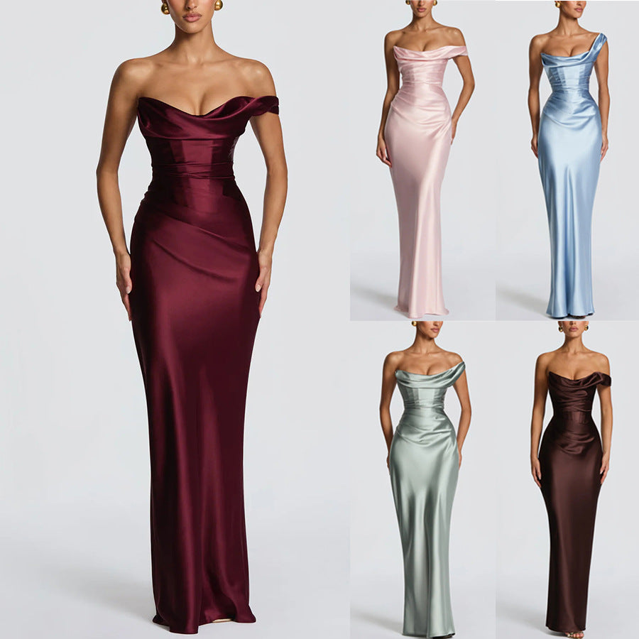 Women's Off-Shoulder Satin Bodycon Dress | Sleek Formal Mini Dress