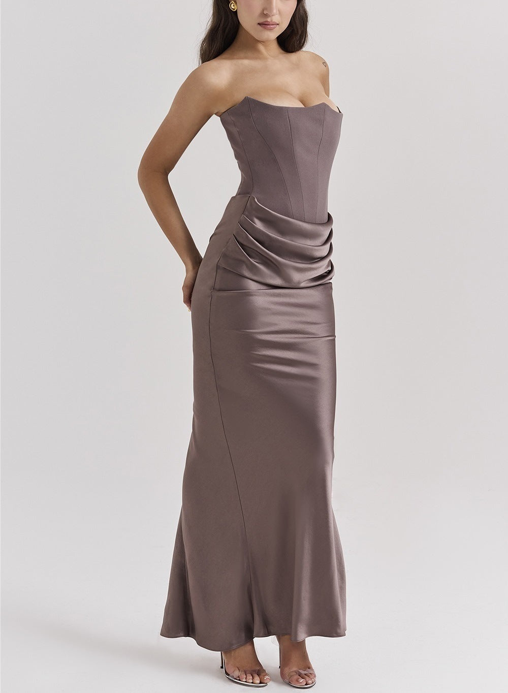 Women's One Shoulder Pleated Bodysuit Dress | Structured Formal Evening Gown