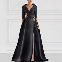 Women's V-Neck Long Sleeve High Slit Evening Gown | A-Line Formal Maxi Dress