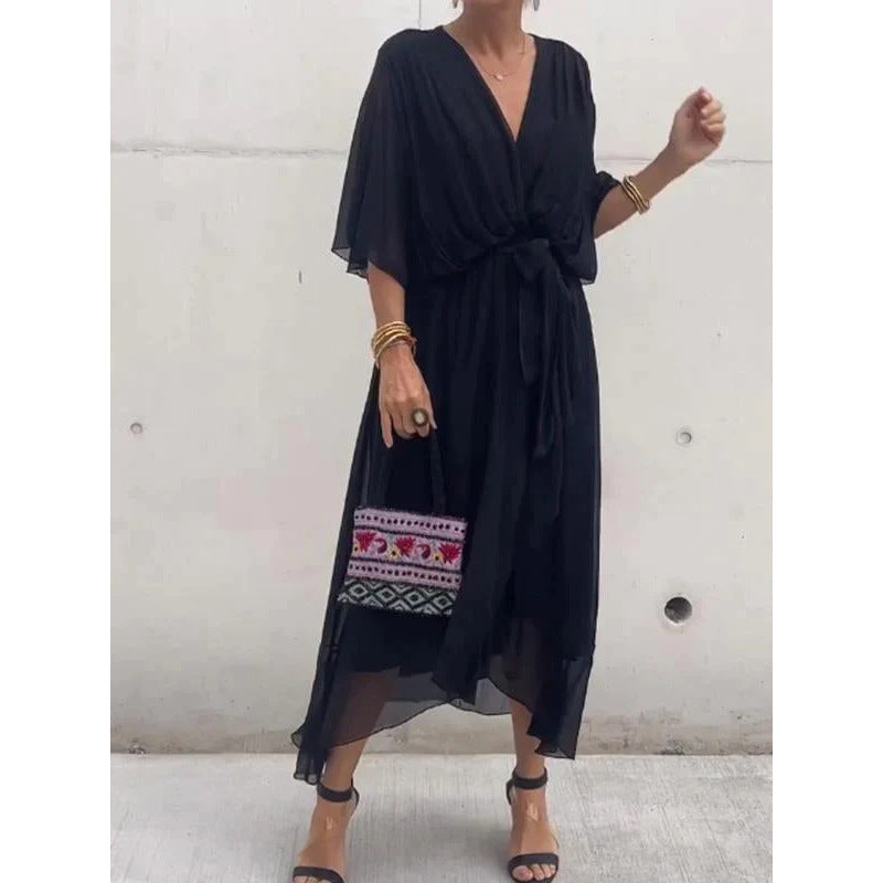 Women's Bat Sleeve V-Neck Chiffon Maxi Dress | High Waist Irregular Hem