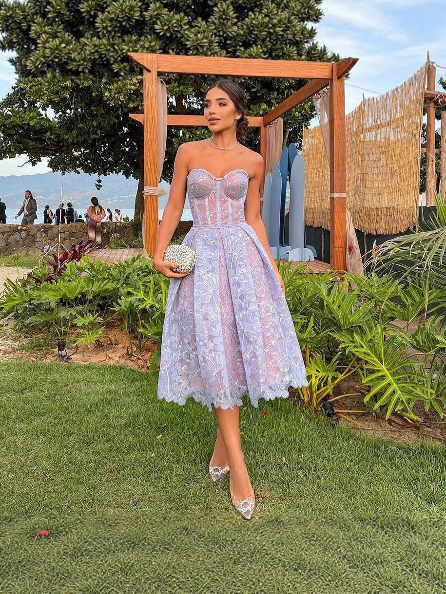 Women's Strapless Lace Tube Top Midi Dress | A-Line Chiffon Dress