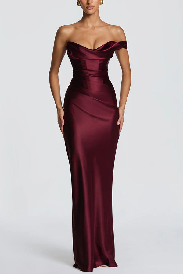 Women's Off-Shoulder Satin Bodycon Dress | Sleek Formal Mini Dress