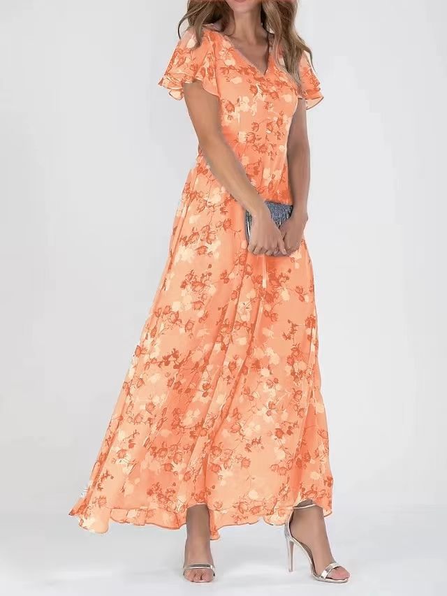 Women's Chiffon Floral Print Ruffle Maxi Dress | V-Neck Short Sleeve Summer Dress