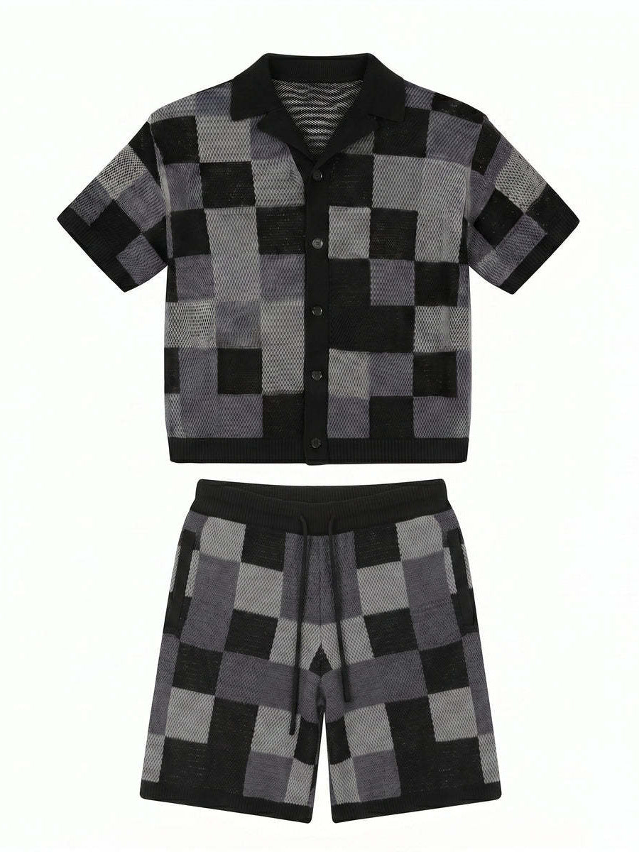 Men's Checkered Jacquard Shirt & Shorts Set | Relaxed Summer Co-Ord