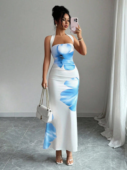 Women's Floral Print Halter Neck Maxi Dress | Backless Summer Dress