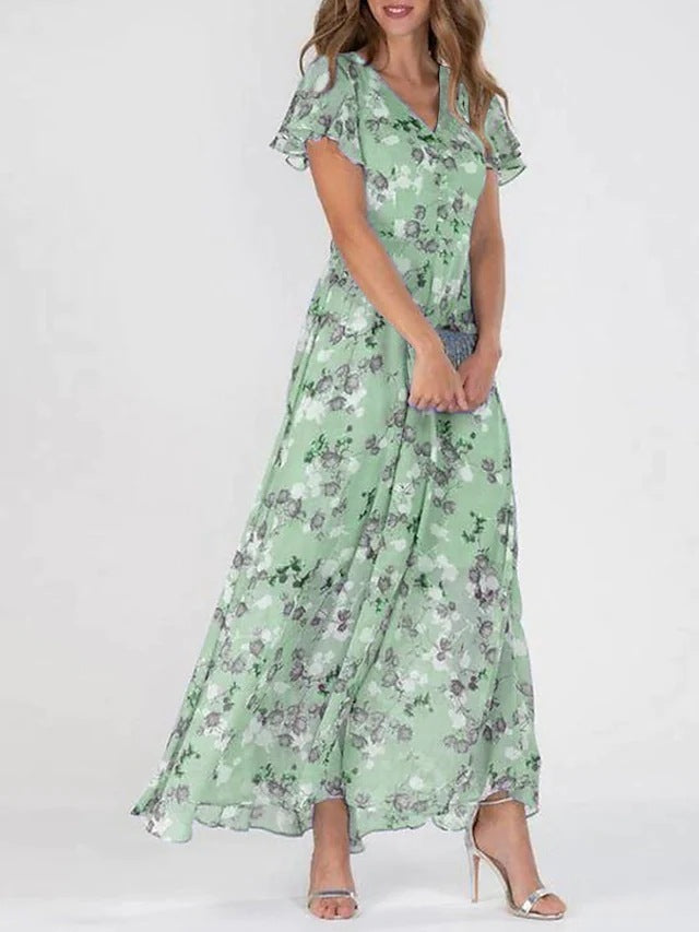 Women's Chiffon Floral Print Ruffle Maxi Dress | V-Neck Short Sleeve Summer Dress