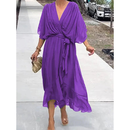 Women's Bat Sleeve V-Neck Chiffon Maxi Dress | High Waist Irregular Hem