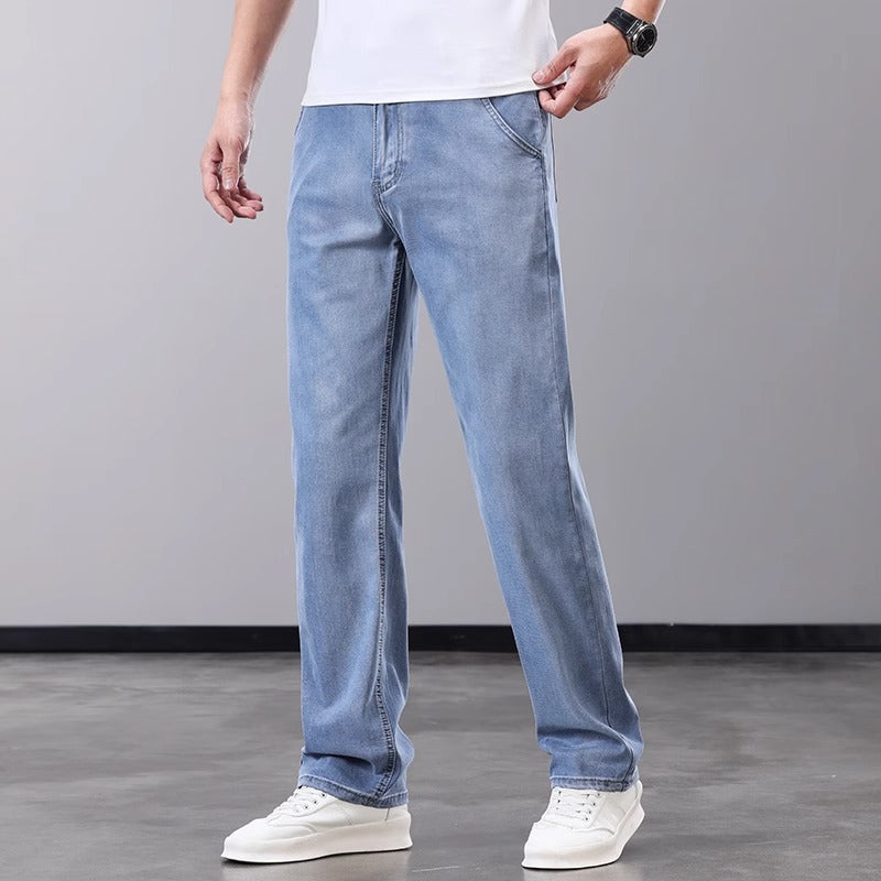 Men's Light Wash Straight Leg Stretch Jeans | Relaxed Fit Casual Denim Pants