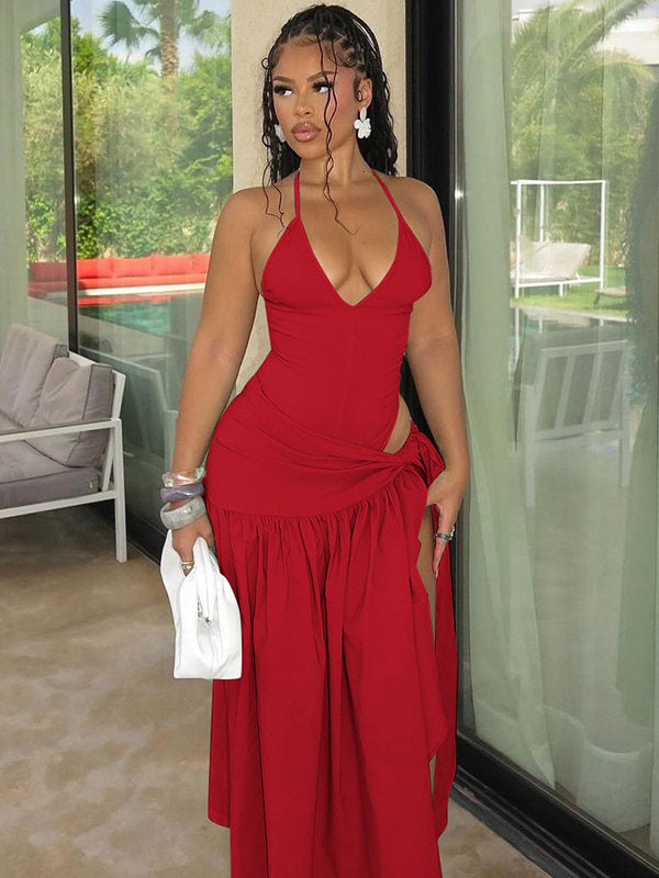 Women's Halter V-Neck Backless Maxi Dress Set | Two-Piece Lace-Up Resort Outfit