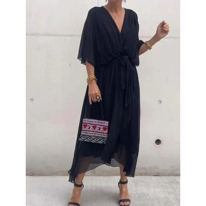 Women's Bat Sleeve V-Neck Chiffon Maxi Dress | High Waist Irregular Hem
