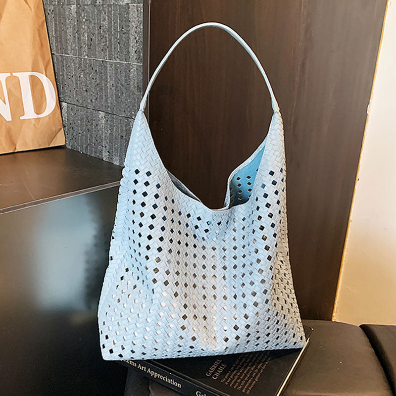 Women's Hollow Woven Bucket Tote Bag | PU Leather Magnetic Clasp Handbag