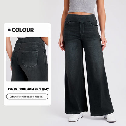 Women's High Waist Wide Leg Stretch Jeans | Pull-On Casual Denim Pants
