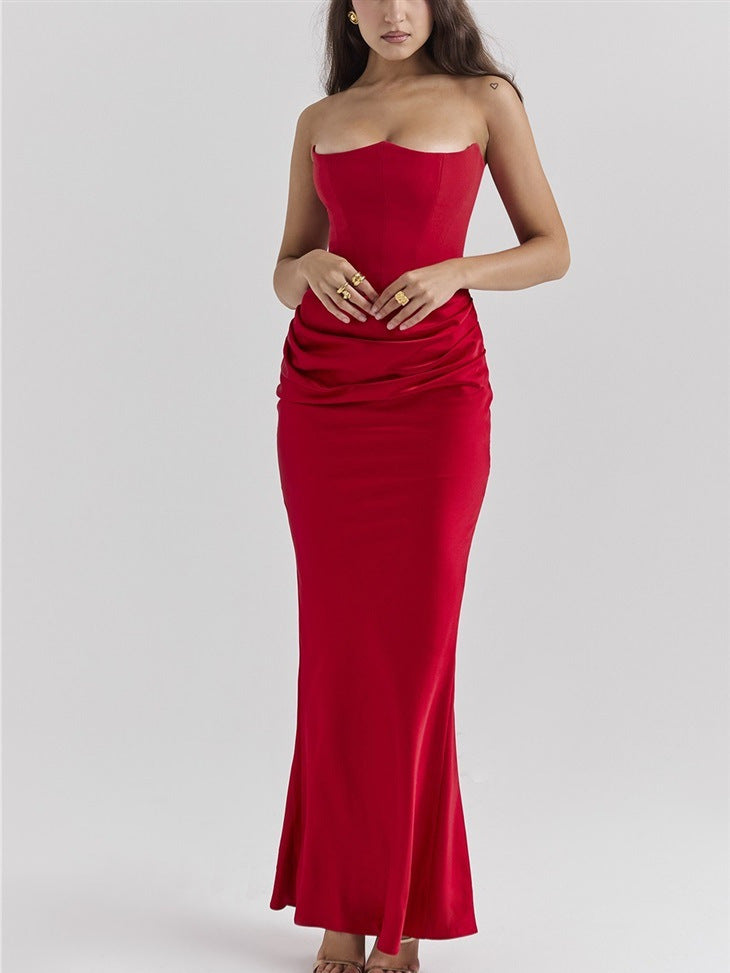 Women's One Shoulder Pleated Bodysuit Dress | Structured Formal Evening Gown