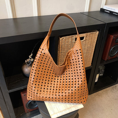 Women's Hollow Woven Bucket Tote Bag | PU Leather Magnetic Clasp Handbag
