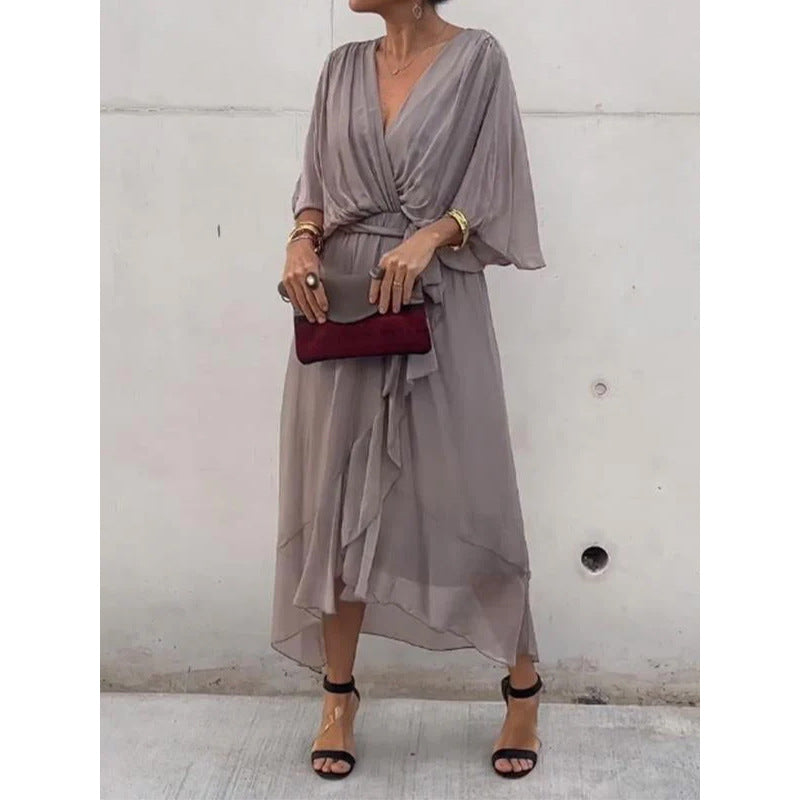 Women's Bat Sleeve V-Neck Chiffon Maxi Dress | High Waist Irregular Hem