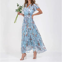 Women's Chiffon Floral Print Ruffle Maxi Dress | V-Neck Short Sleeve Summer Dress