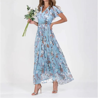 Women's Chiffon Floral Print Ruffle Maxi Dress | V-Neck Short Sleeve Summer Dress