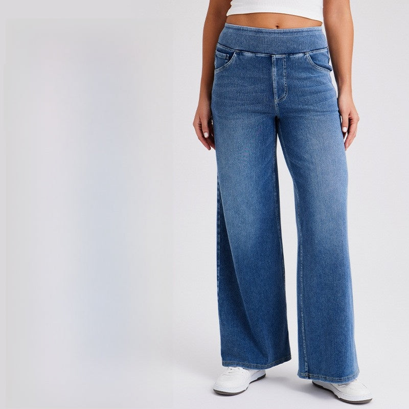 Women's High Waist Wide Leg Stretch Jeans | Pull-On Casual Denim Pants