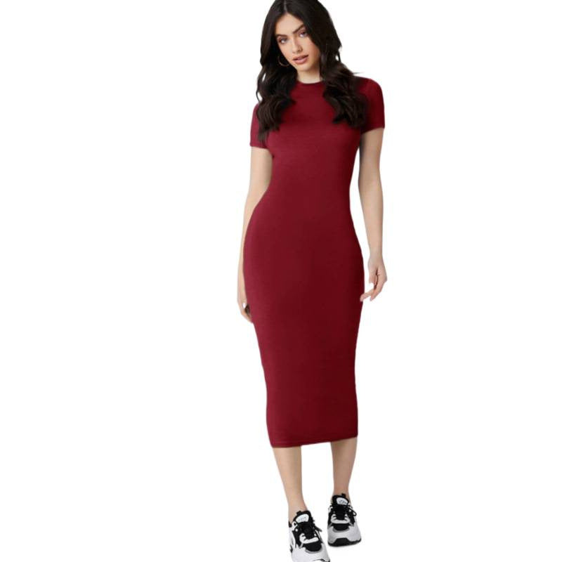 Women's Bodycon Stretch Knit Midi Dress | Slim Fit Short Sleeve Pencil Dress