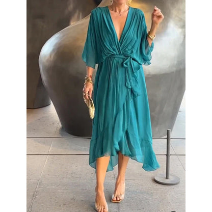 Women's Bat Sleeve V-Neck Chiffon Maxi Dress | High Waist Irregular Hem