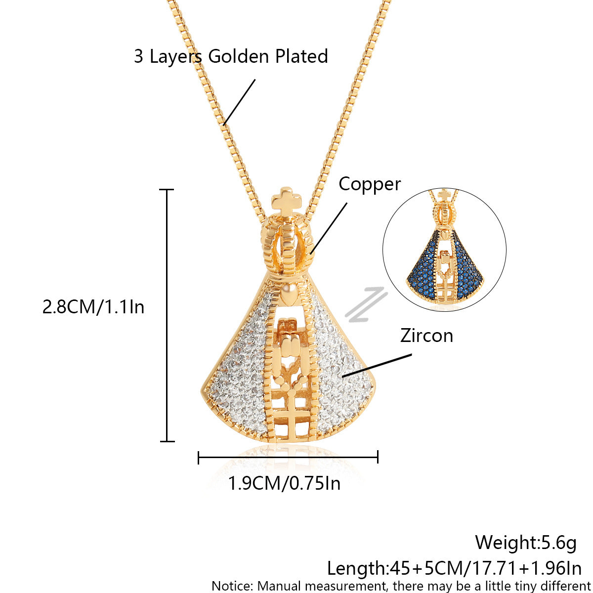 Double-Sided Zircon Cross Pendant Necklace | Colorful Madonna Copper Jewelry
