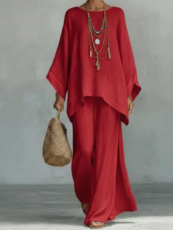 Women's Cotton Linen Wide Leg Pants & Top Set | Casual Resort Suit