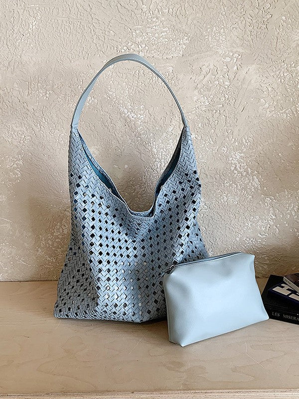 Women's Hollow Woven Bucket Tote Bag | PU Leather Magnetic Clasp Handbag
