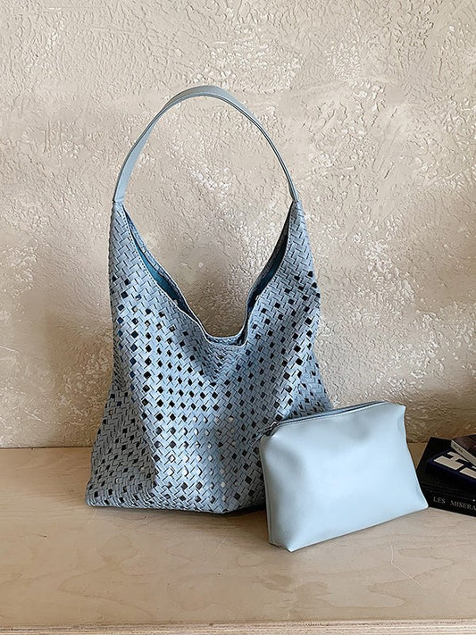 Women's Hollow Woven Bucket Tote Bag | PU Leather Magnetic Clasp Handbag