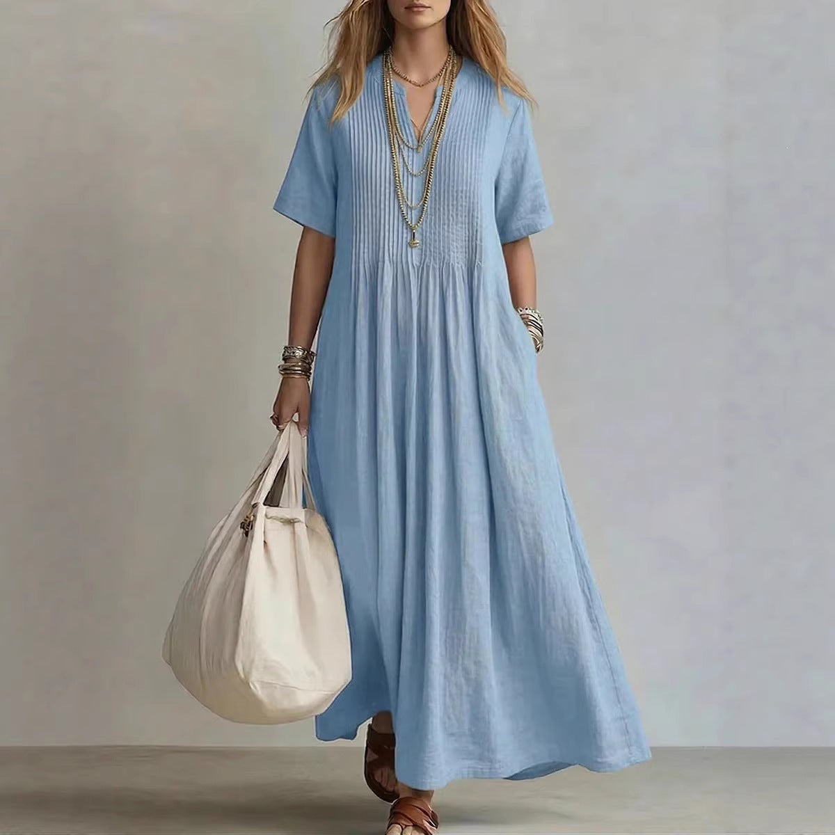 Women's Cotton Linen V-Neck Maxi Dress | Boho Casual Summer Dress