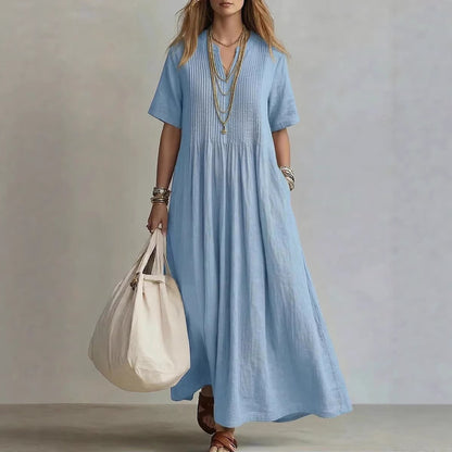 Women's Cotton Linen V-Neck Maxi Dress | Boho Casual Summer Dress