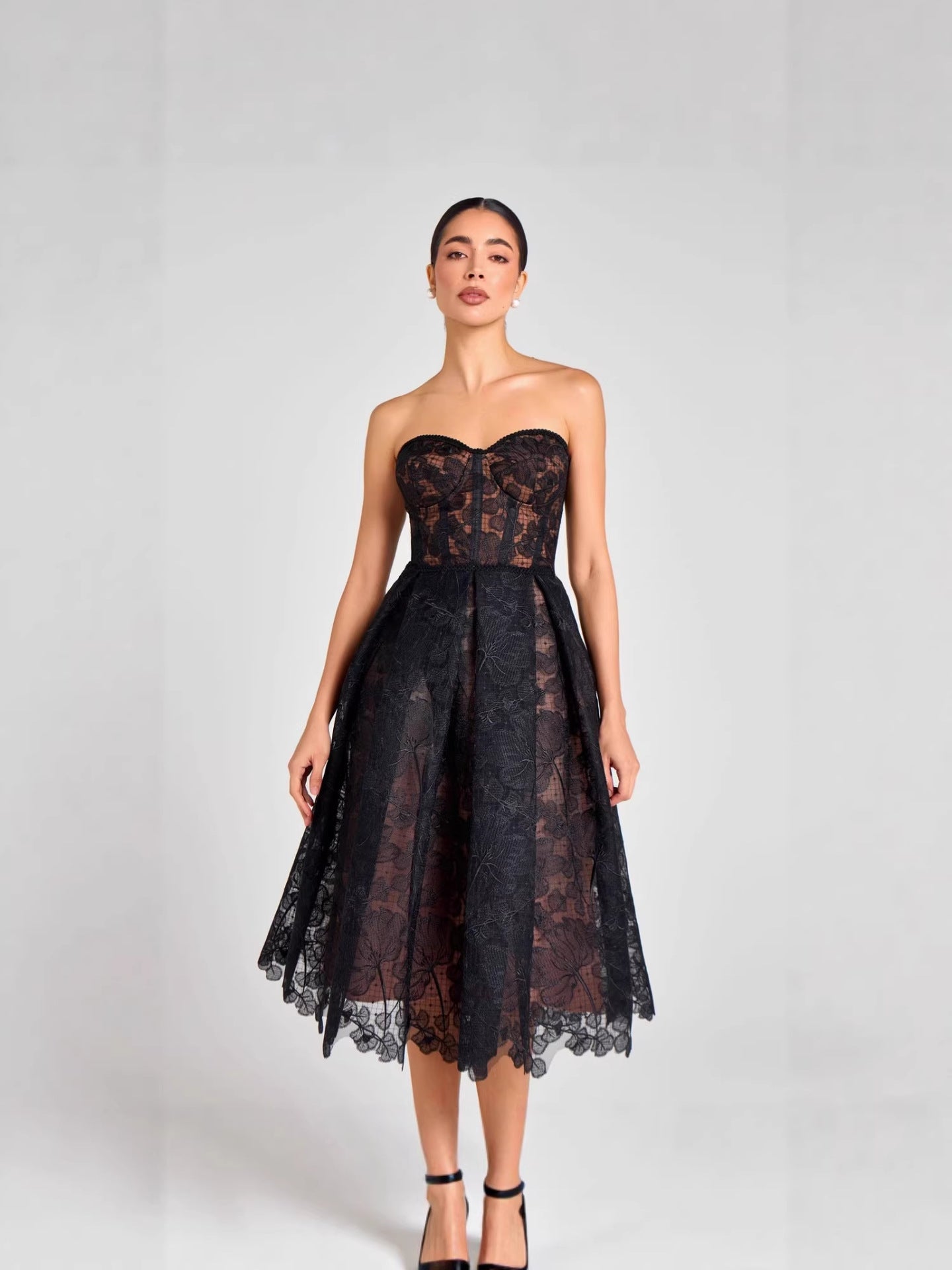 Women's Strapless Lace Tube Top Midi Dress | A-Line Chiffon Dress