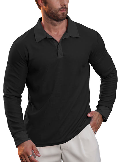 Men's Waffle Knit Long Sleeve Polo Shirt | Textured Casual Collar Top