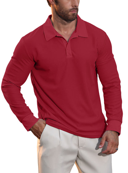 Men's Waffle Knit Long Sleeve Polo Shirt | Textured Casual Collar Top