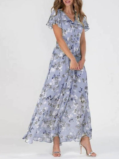 Women's Chiffon Floral Print Ruffle Maxi Dress | V-Neck Short Sleeve Summer Dress