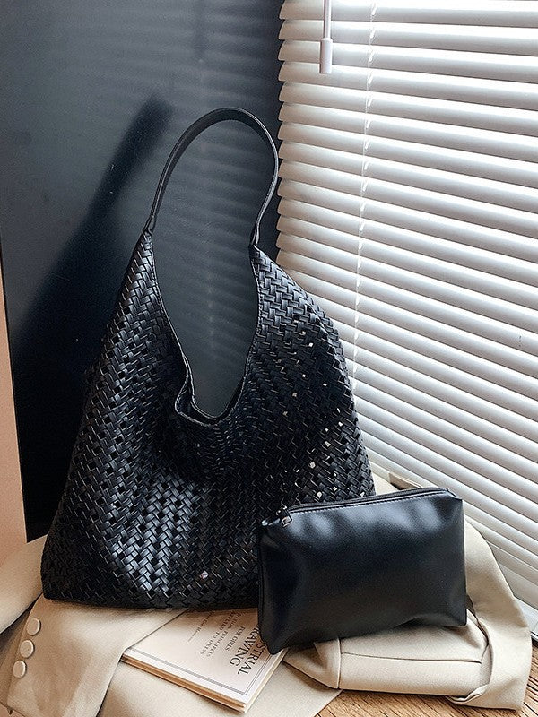 Women's Hollow Woven Bucket Tote Bag | PU Leather Magnetic Clasp Handbag