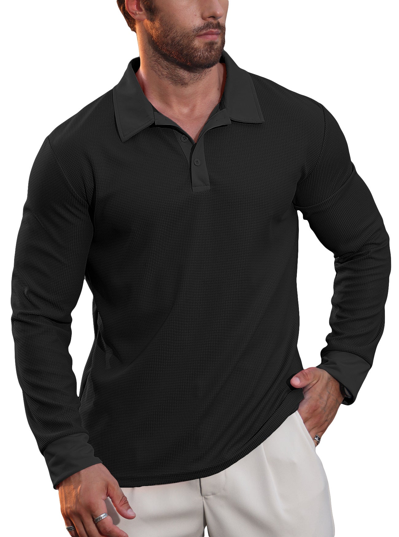 Men's Waffle Knit Long Sleeve Polo Shirt | Textured Casual Collar Top