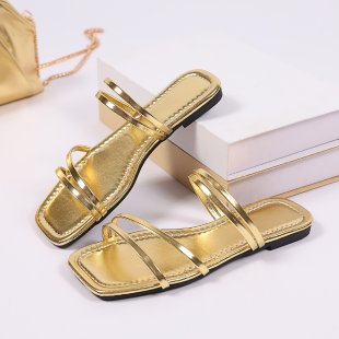 Women's Square Toe Strappy Sandals | Gold Thin Strap Beach Flats