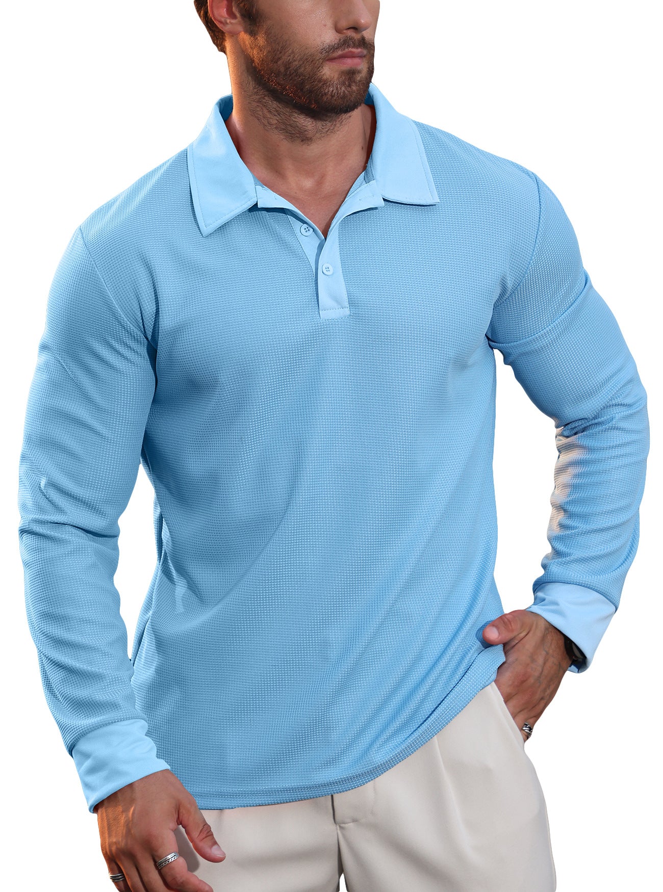 Men's Waffle Knit Long Sleeve Polo Shirt | Textured Casual Collar Top