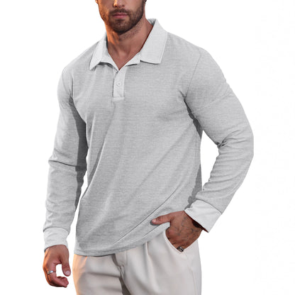 Men's Waffle Knit Long Sleeve Polo Shirt | Textured Casual Collar Top