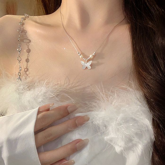 Butterfly Pearl Bow Pendant Necklace | Alloy Clavicle Chain Jewelry