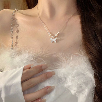 Butterfly Pearl Bow Pendant Necklace | Alloy Clavicle Chain Jewelry