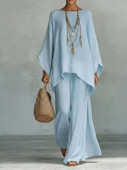 Women's Cotton Linen Wide Leg Pants & Top Set | Casual Resort Suit