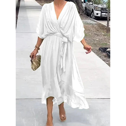 Women's Bat Sleeve V-Neck Chiffon Maxi Dress | High Waist Irregular Hem