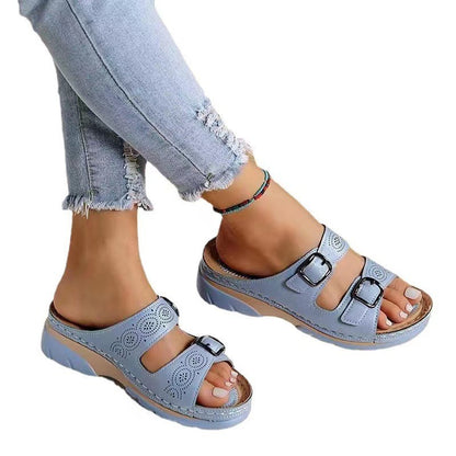 Women's Platform Buckle Slides | Thick Sole Round Toe Slippers