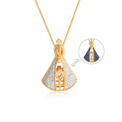 Double-Sided Zircon Cross Pendant Necklace | Colorful Madonna Copper Jewelry