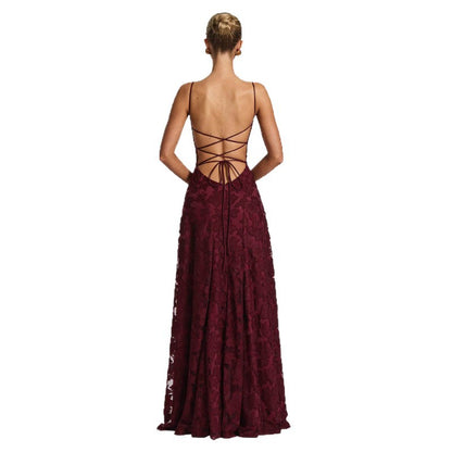 Women's Lace A-Line Evening Gown | Backless Spaghetti Strap Formal Maxi Dress
