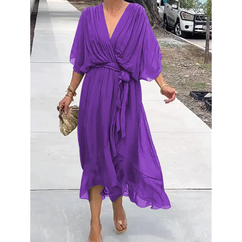Women's Bat Sleeve V-Neck Chiffon Maxi Dress | High Waist Irregular Hem